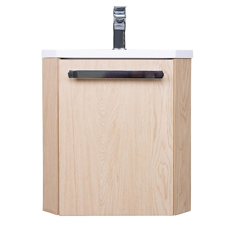 Ensemble meuble sous vasque d'angle compact à suspendre Skino décor chêne + plan vasque en résine blanc
