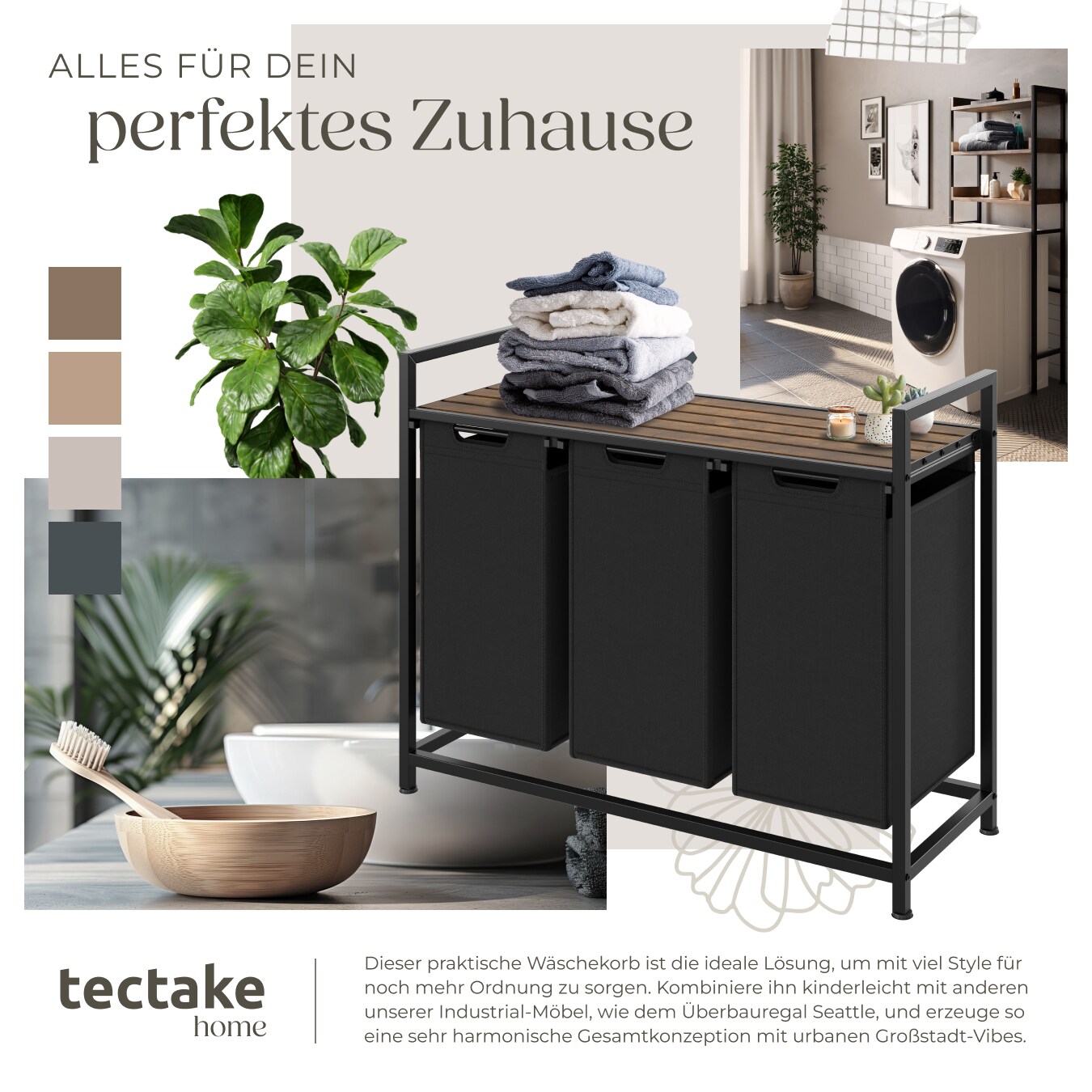 tectake® Wäschesortierer, Industrial-Style, 2 oder 3 ausziehbare Fächer, mit Ablage, höhenverstellbare Kunststofffüße