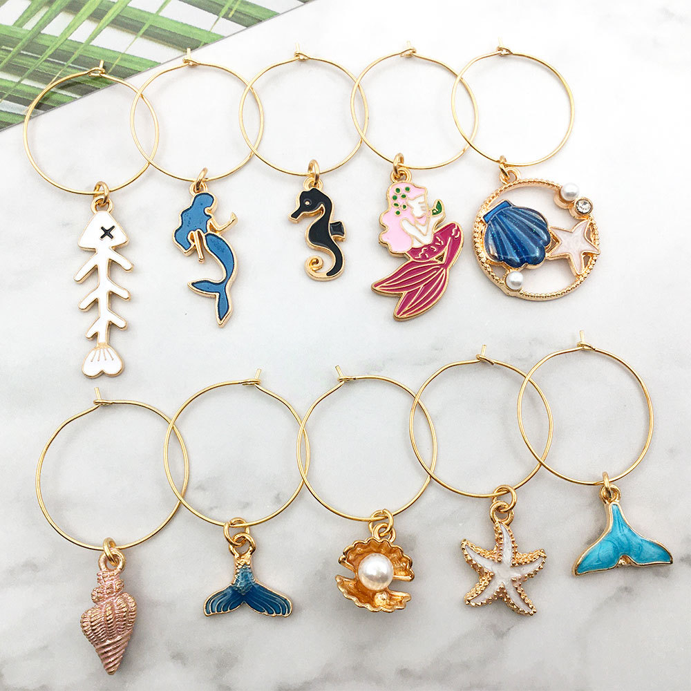 (10er Set) Glas Markierer Wiederverwendbare Trinkglas Meeres Charms Markierungs Anhänger - Bunt