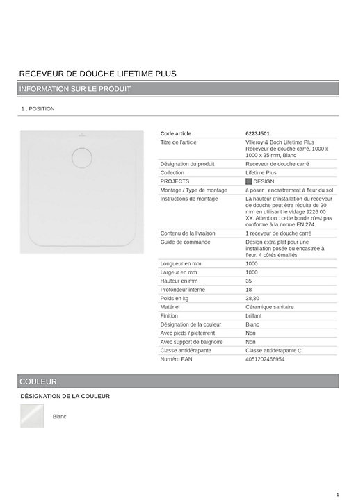 Receveur de douche 100 x 100 cm en céramique, blanc, Villeroy & Boch Slim