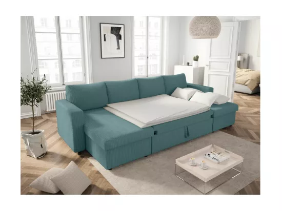 Canapé panoramique 6 places Maria convertible avec 2 coffres en velours côtelé - Bleu clair - L295 x P146 x H81cm - Loungitude