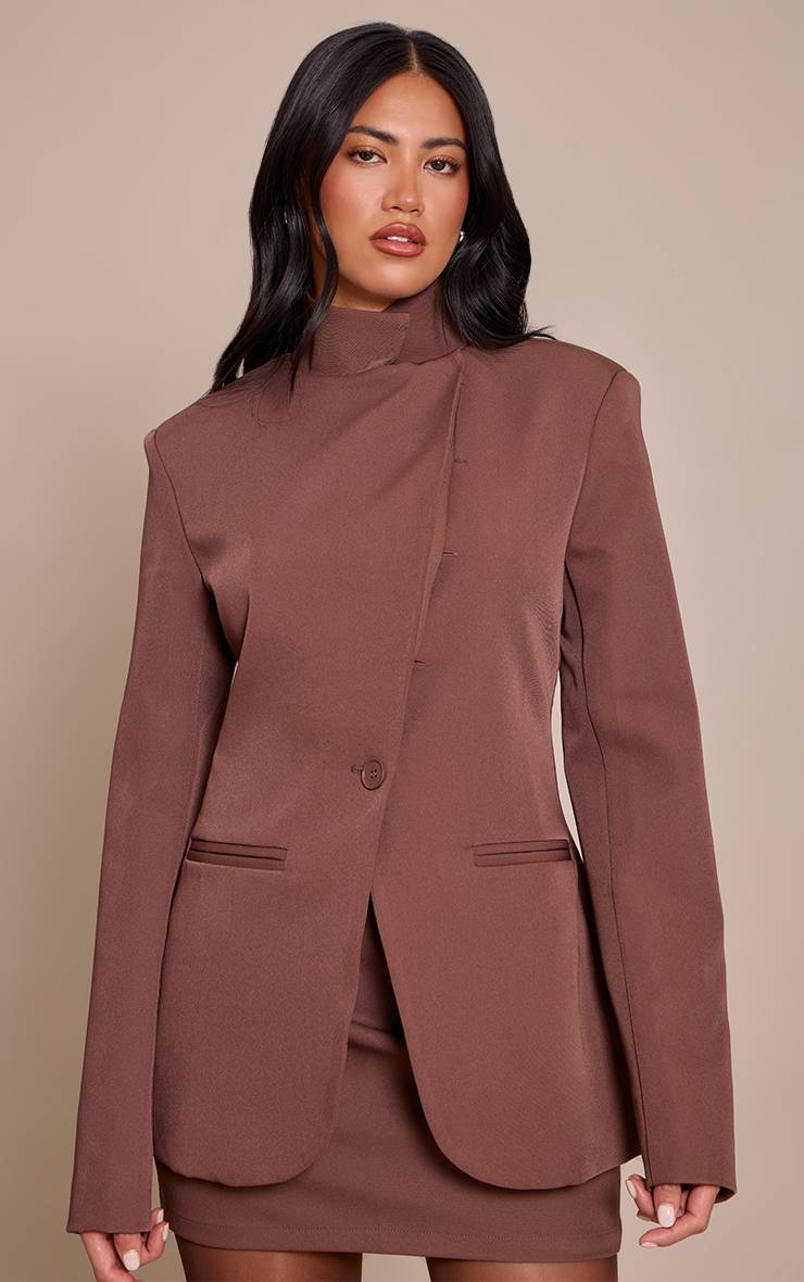 Chocolat Ensemble Blazer Ajusté Tissé À Col Montant