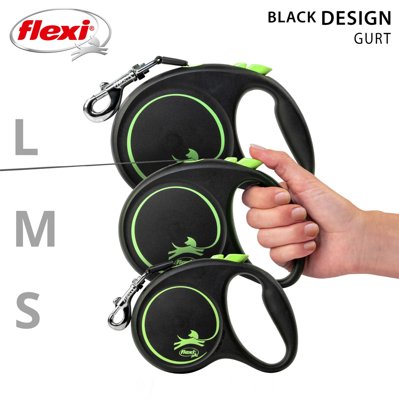 Flexi Black Design Gurt grün S, 5 m, 15 kg