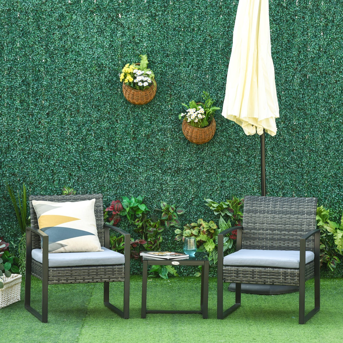 Outsunny 3-delige tuinmeubelset, B63 x D57 x H76 cm, PE polyrotan, metaal, polyester, grijs