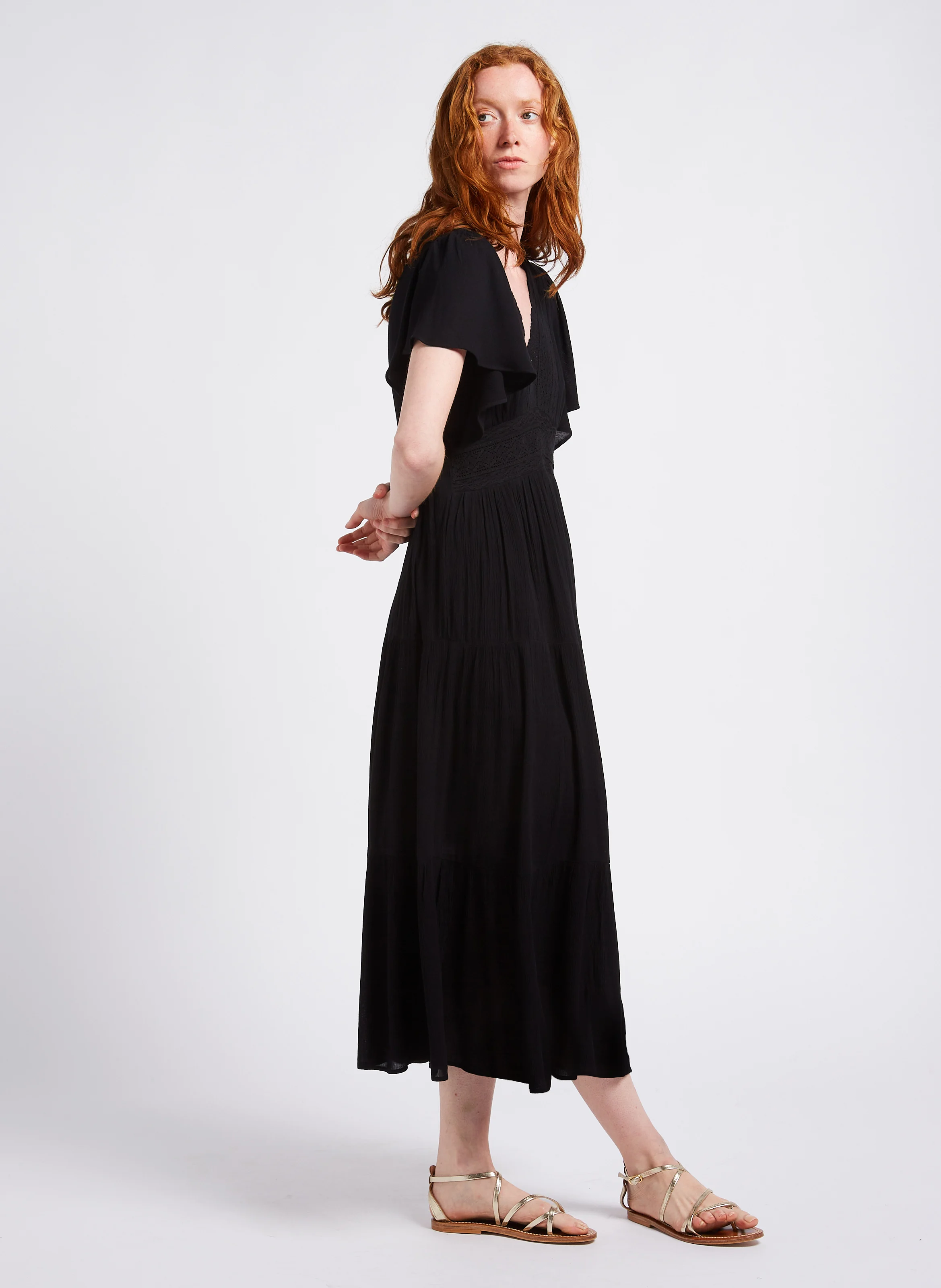 CAMILLE - Robe longue col V brodée| Noir