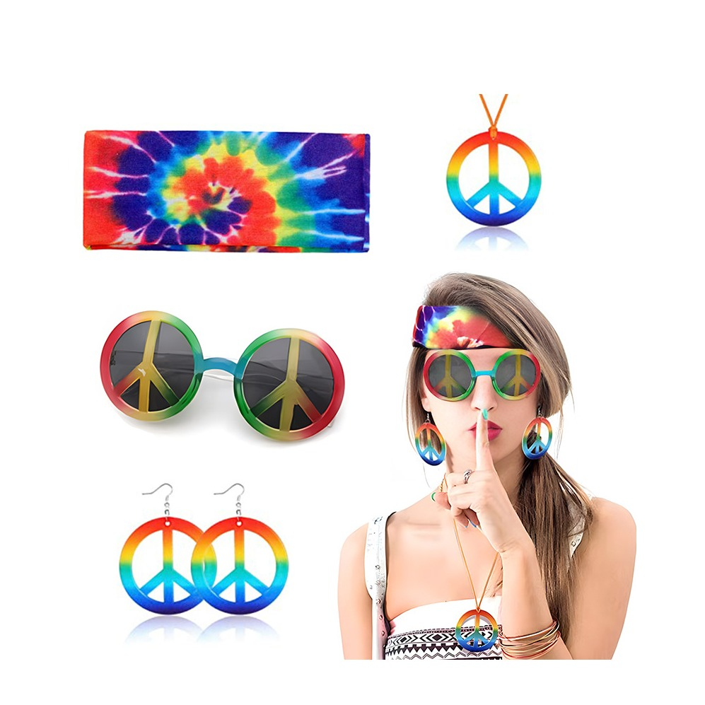 (4-tlg. Set) Fasnachts Erwachsenen Kostüm Retro Hippie Verkleidung für Motto Partys / Halloween inkl. Haarband / Brille / Schmuck - Batik