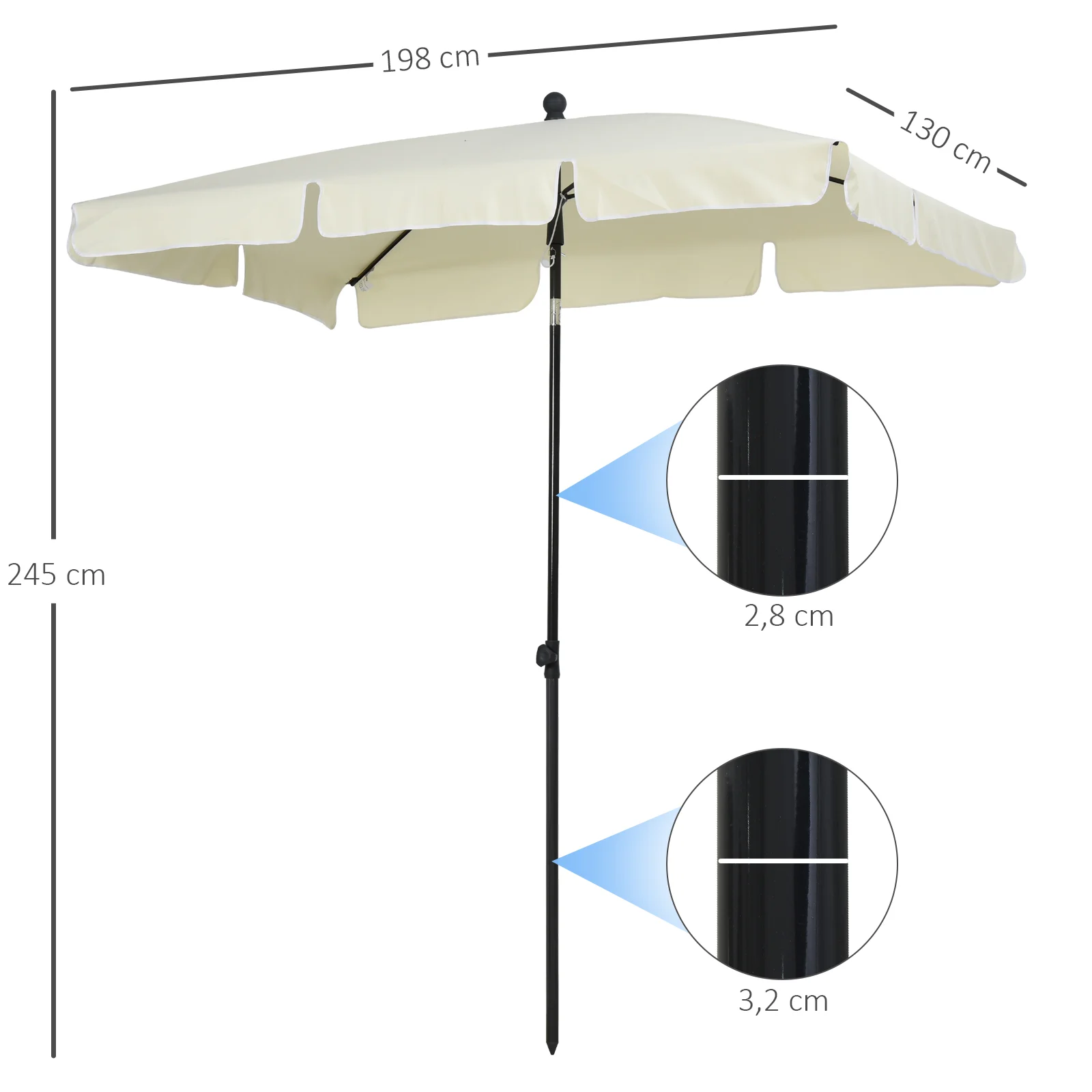 Guarda-sol de jardim retangular Outsunny em alumínio, 198x130x245 cm, com função de inclinação, para terraço, pátio e área externa, bege.