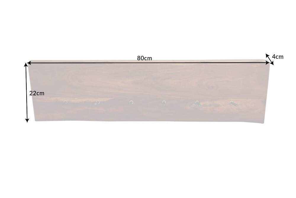 Massivholz Wandgarderobe MAMMUT 80cm braun Sheesham stone finish 6 Kleiderhaken
