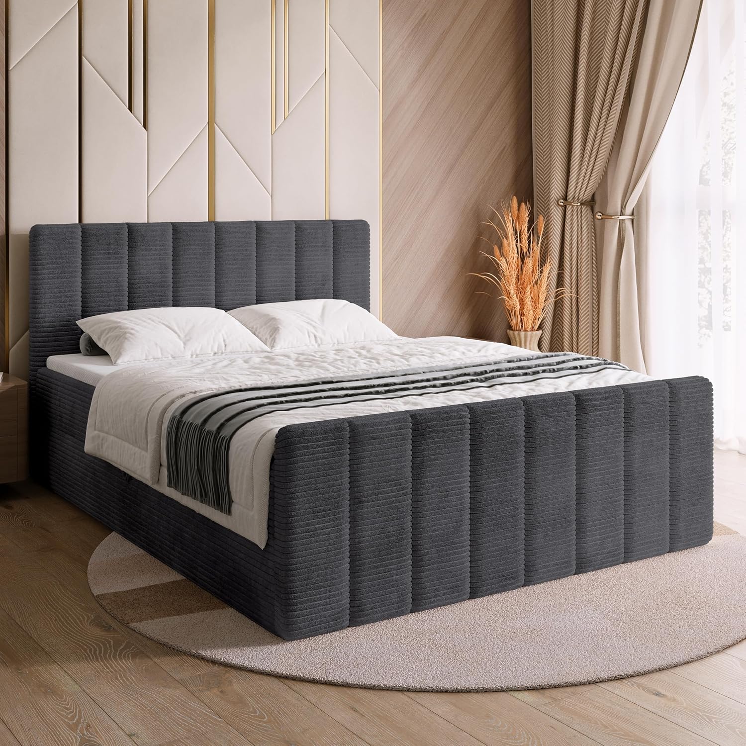 BROMARKT Boxspringbett mit Matratze Bett 160x200 Grau Doppelbett mit Topper Boxbett mit Stauraum Polsterbett mit Bettkasten Kopfteil Denver Duo Härtegrad H3 Cordstoff