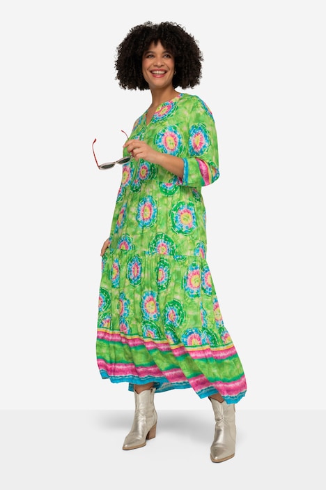 Maxikleid, Straight Fit, Batikdruck, Tunika-Ausschnitt, Langarm