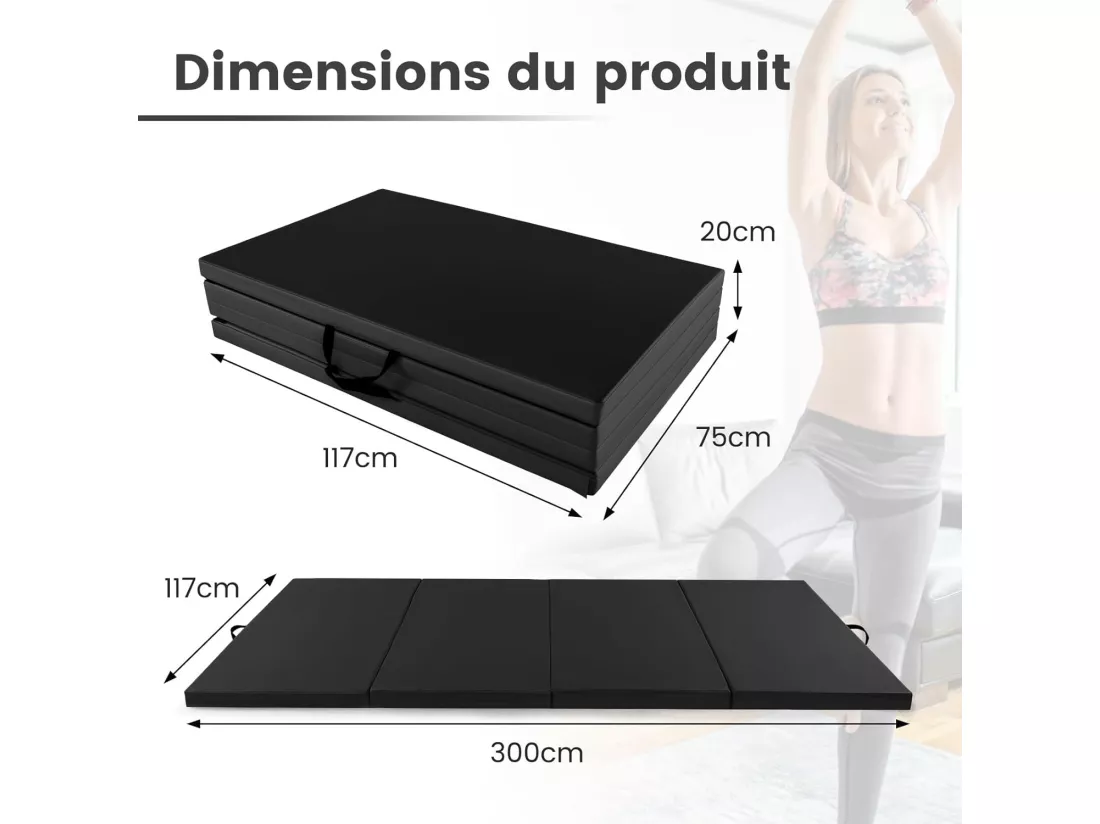 Tapis de Gymnastique Pliable à 4 Plis Epais, Matelas d'Entrainement en Mousse et PU avec Poignées Attaches Auto-agrippantes, pour Gymnastes Entraînements Yoga 300x117x5CM, Noir