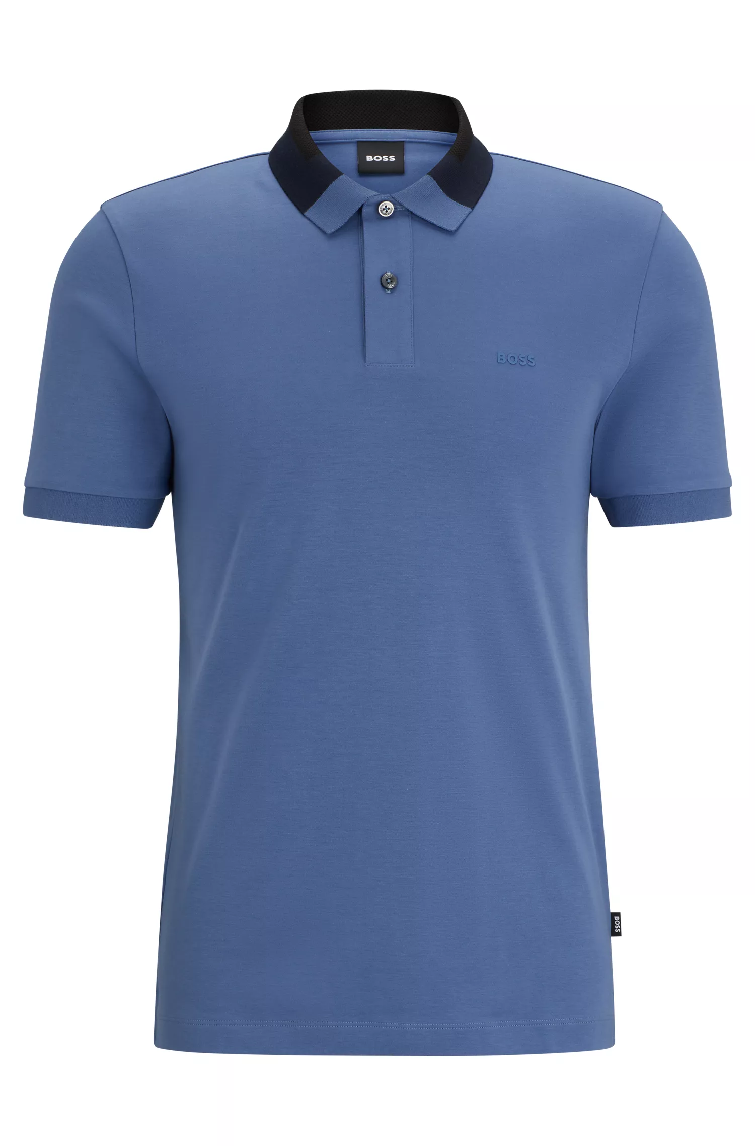 Camisa polo BOSS preta de algodão interlock com corte slim e gola em blocos de cor.