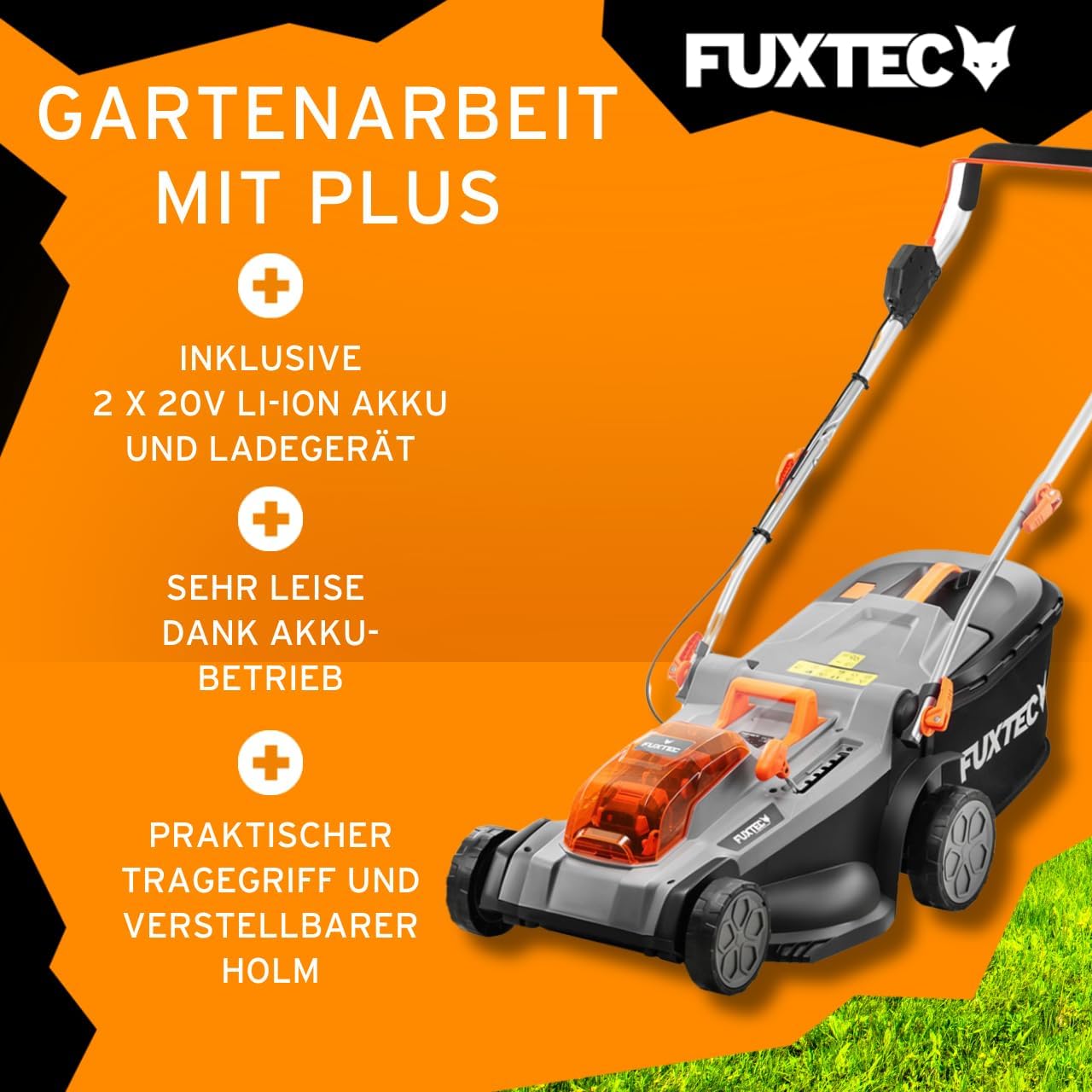 FUXTEC Akku Rasenmäher 40V (2x20V) E2RM37- Schnittbreite 37cm, Variable Schnitthöhe, Elektrorasenmäher, Kabellos (Li-Ion Akku & Ladegerät inklusive)