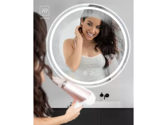 Miroir Rond Salle de Bain avec Eclairage LED, Miroir Maquillage Anti-buée, Miroir Mural 3 Couleurs Dimmable,50x50cm