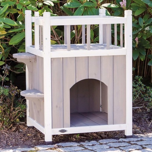 Casinha multicolorida para gatos com varanda