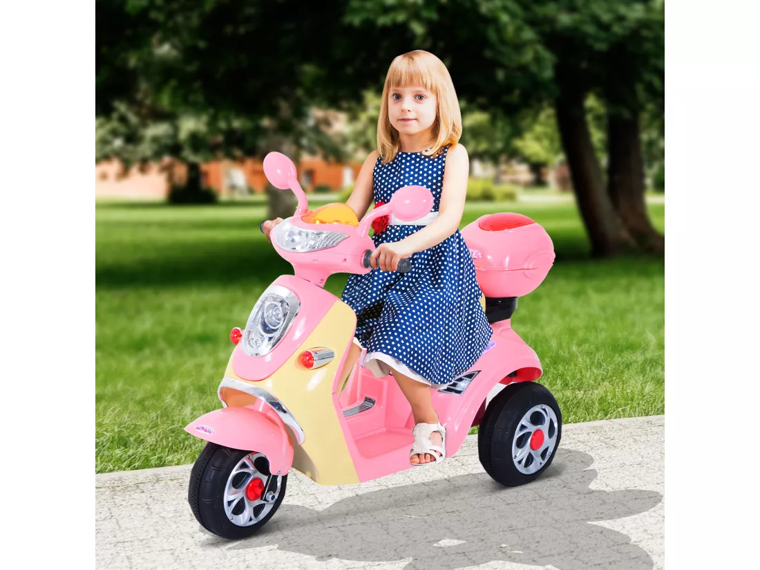 HOMCOM Moto scooter électrique pour enfants 6 V env. 3 Km/h 3 roues et topcase effet lumineux et sonore rose