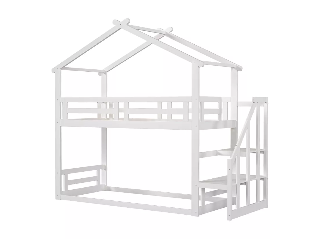 Lit superposé d'enfant 90x200cm - lit cabane avec escalier de sécurité, cadre de lit en bois massif avec sommier à lattes - blanc
