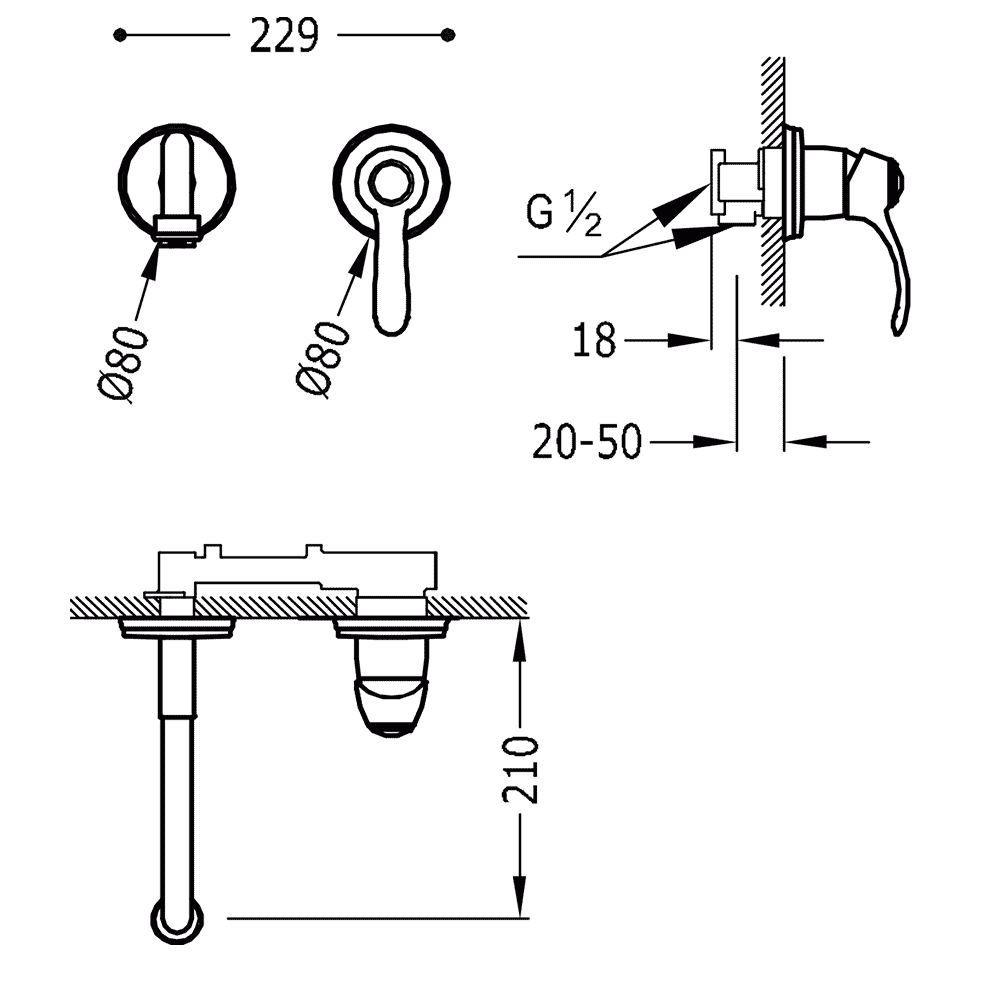 Tres Clasic inbouw wastafelkraan 21cm mat verouderd messing