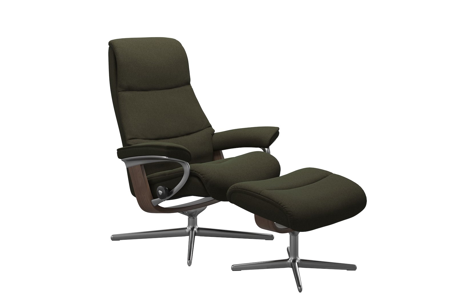 View lenestol med krakk Tekstil Calido Green – Cross understell – Alu – Valnøtt - Medium