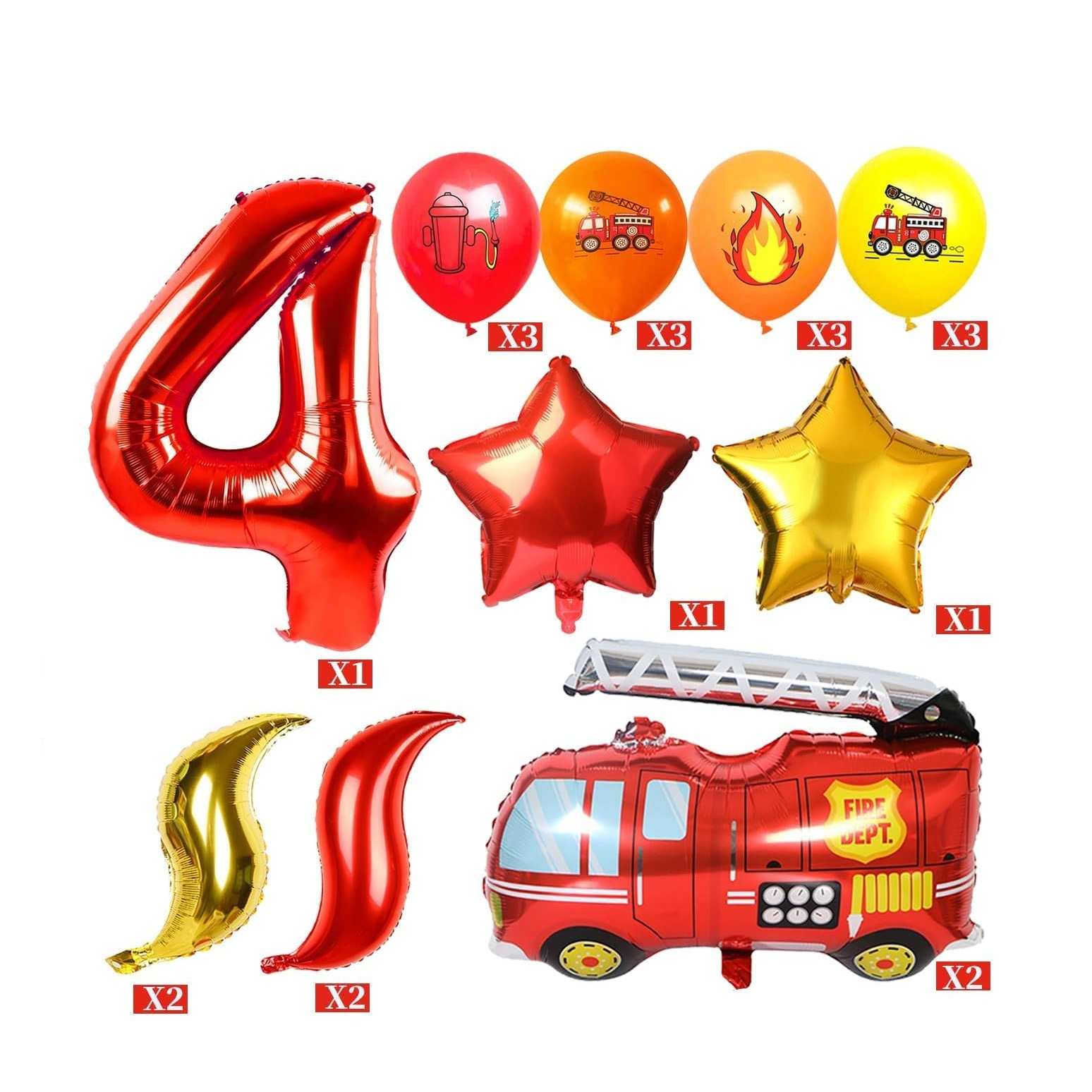 (21-tlg. Set) Zahlen Ballon Kinder Geburtstags Party Folienballon inkl. Latex Luftballons - Zahl 4 / Feuerwehr
