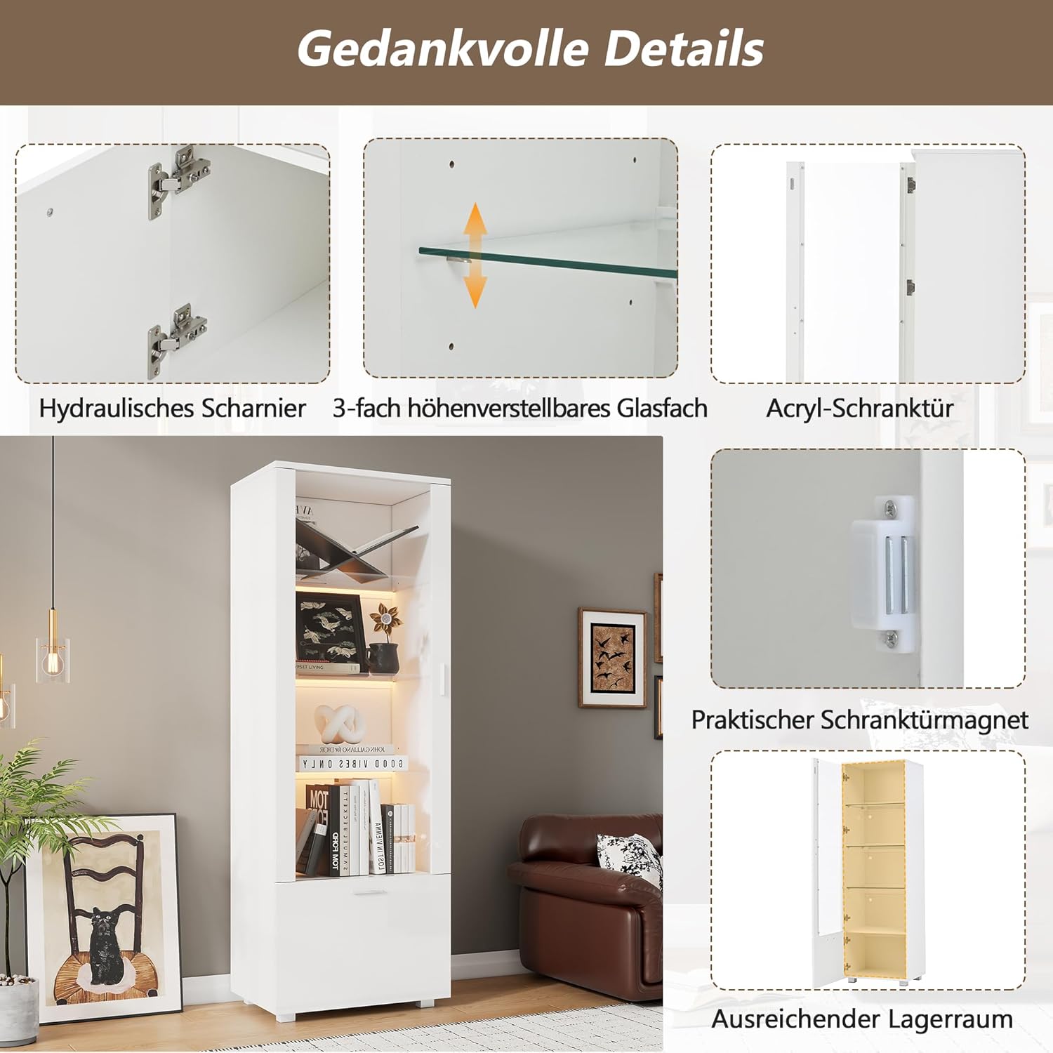 Merax Vitrinenschrank mit LED Beleuchtung, Glasvitrine mit 3 Fachböden, Schublade, Hochglanzvitrinen für Sammlerstücke, Bücherschrank mit Glastüren, für Wohnzimmer, Schlafzimmer, 50x40x160cm, Weiß