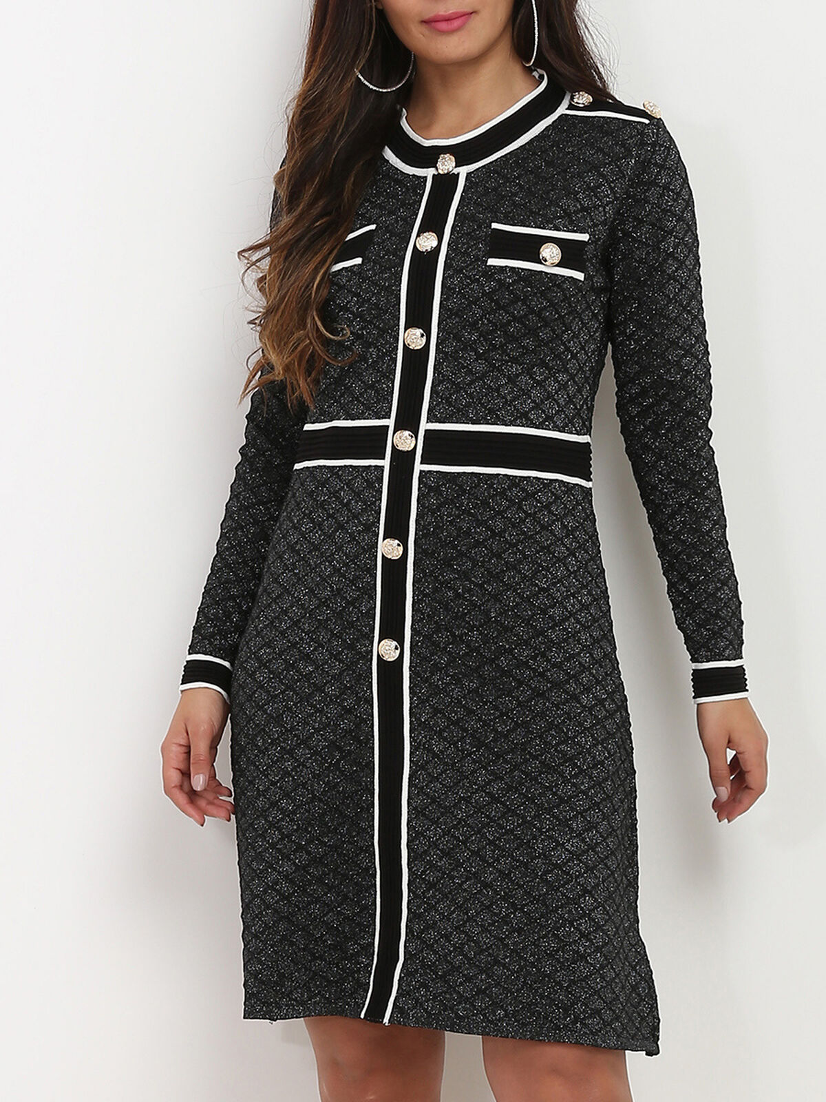 Robe à paillettes et liserés contrastants- Noir