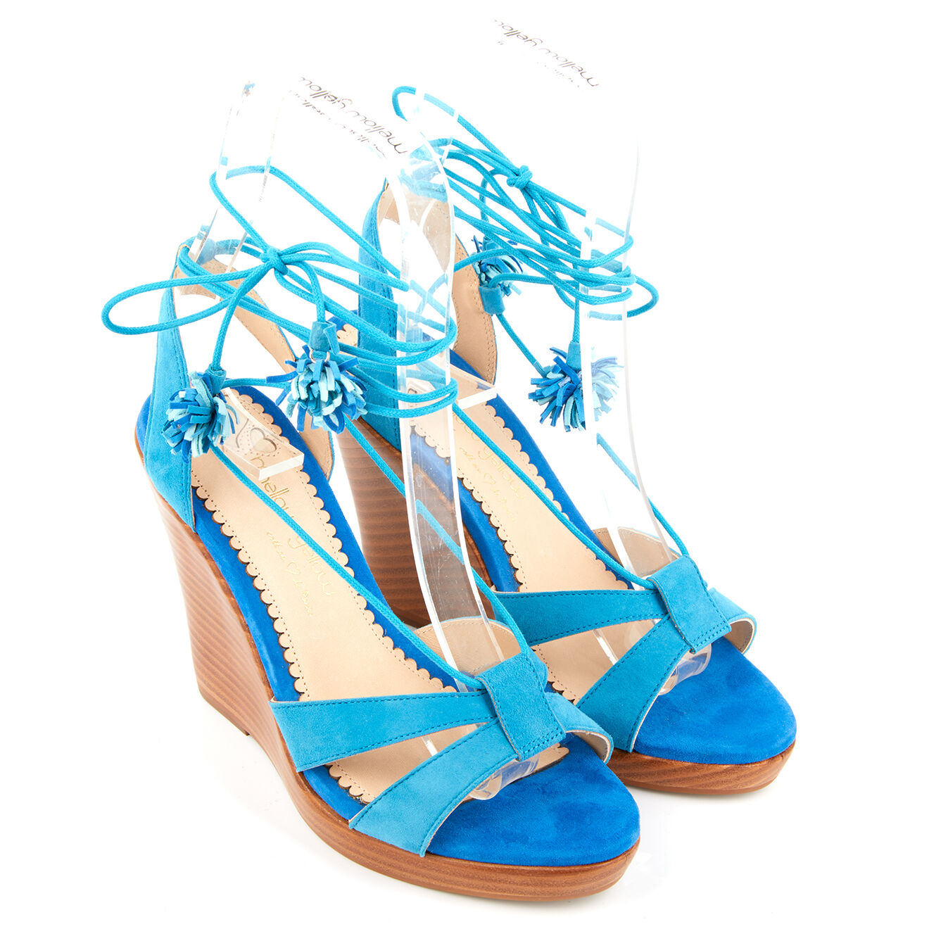 Mellow Yellow Sandales en Velours de Cuir compensées Lacts Cheville turquoise - Talon 11 cm