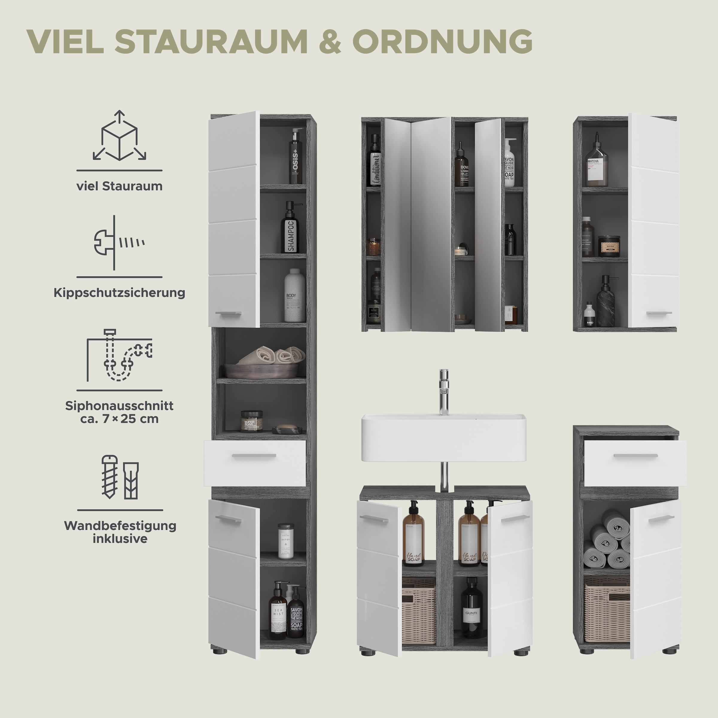 welltime Badmöbel-Set »LUCCA, 5-teilig, TOPSELLER!, MDF Hochglanzfront, bestehend aus:« Set, 5 Stk. tlg.