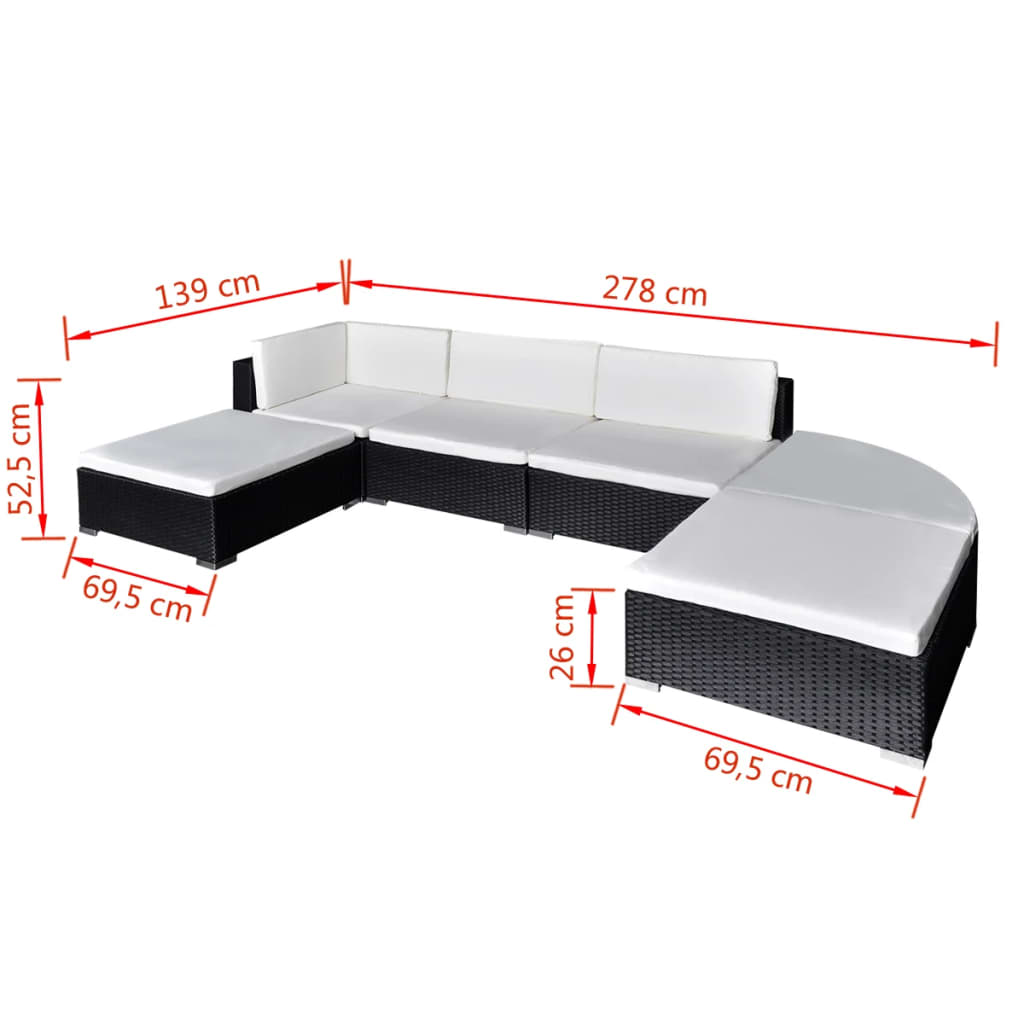 Salon de jardin meuble d'extérieur ensemble de mobilier 6 pièces avec coussins résine tressée noir