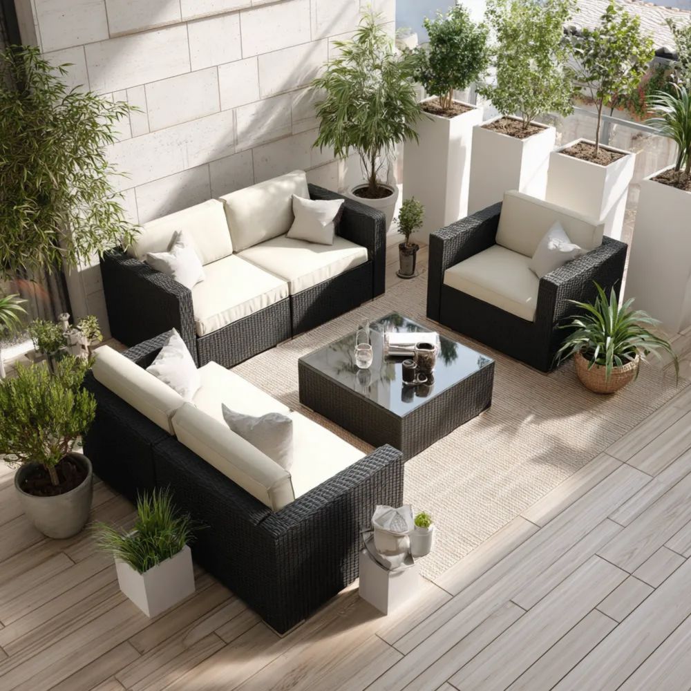 Garten-Sofaset Poly-Rattan 3-teilig Schwarz/Beige – Modernes Design 140x75x65 cm