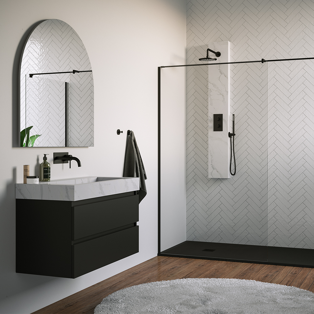 Brauer Black Edition thermostatisch douchepaneel calacatta gold met 20cm hoofddouche en staafhanddouche zwart mat
