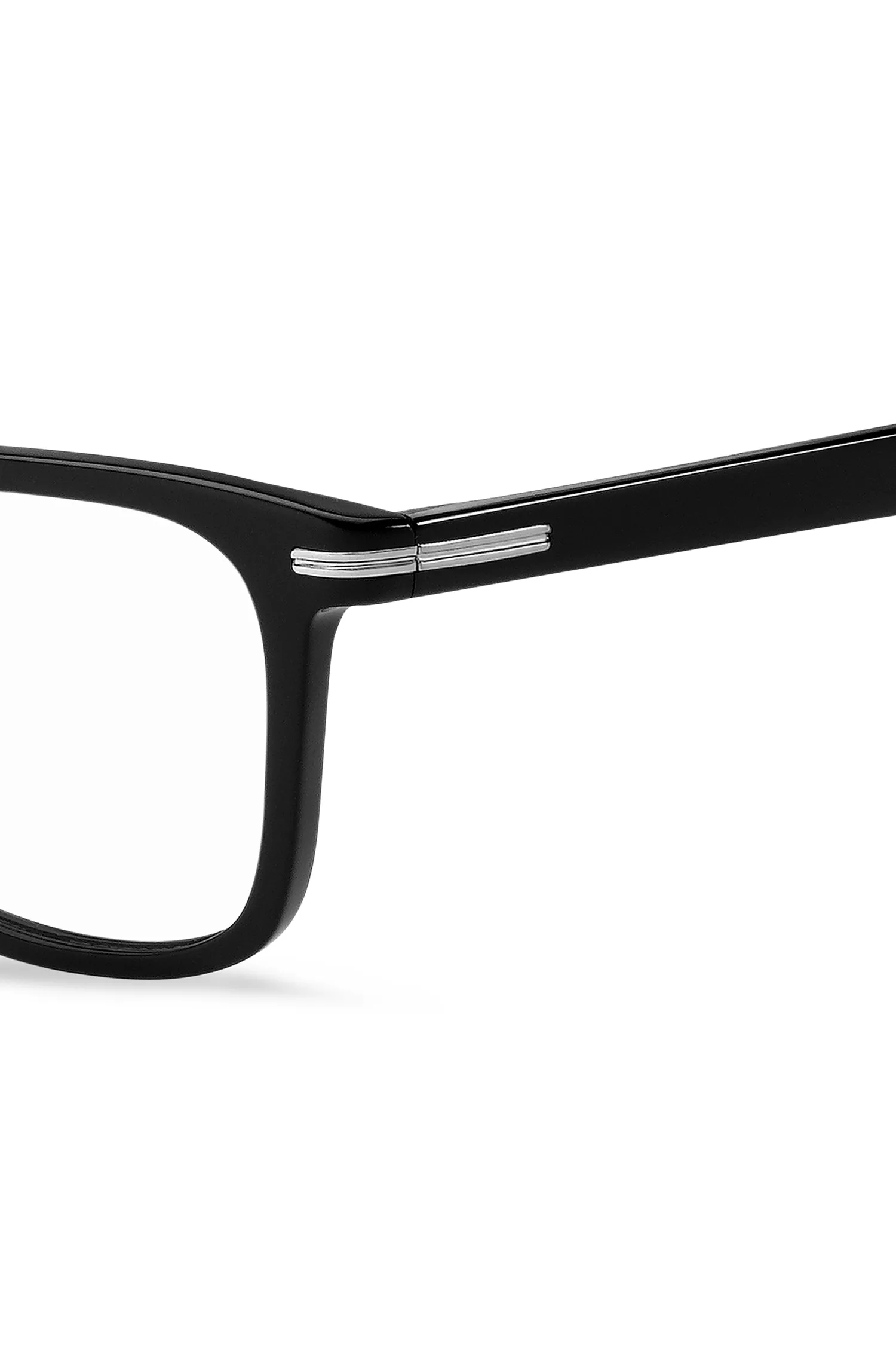 Armação de óculos BOSS em acetato preto com detalhes prateados exclusivos.