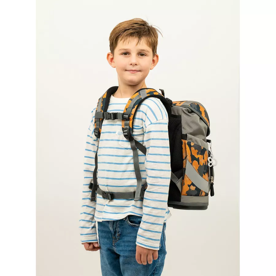 Belmil Schulranzen Smarty Schulranzen Set 6-teilig mit Brustgurt, Hüftgurt Orange Camouflage