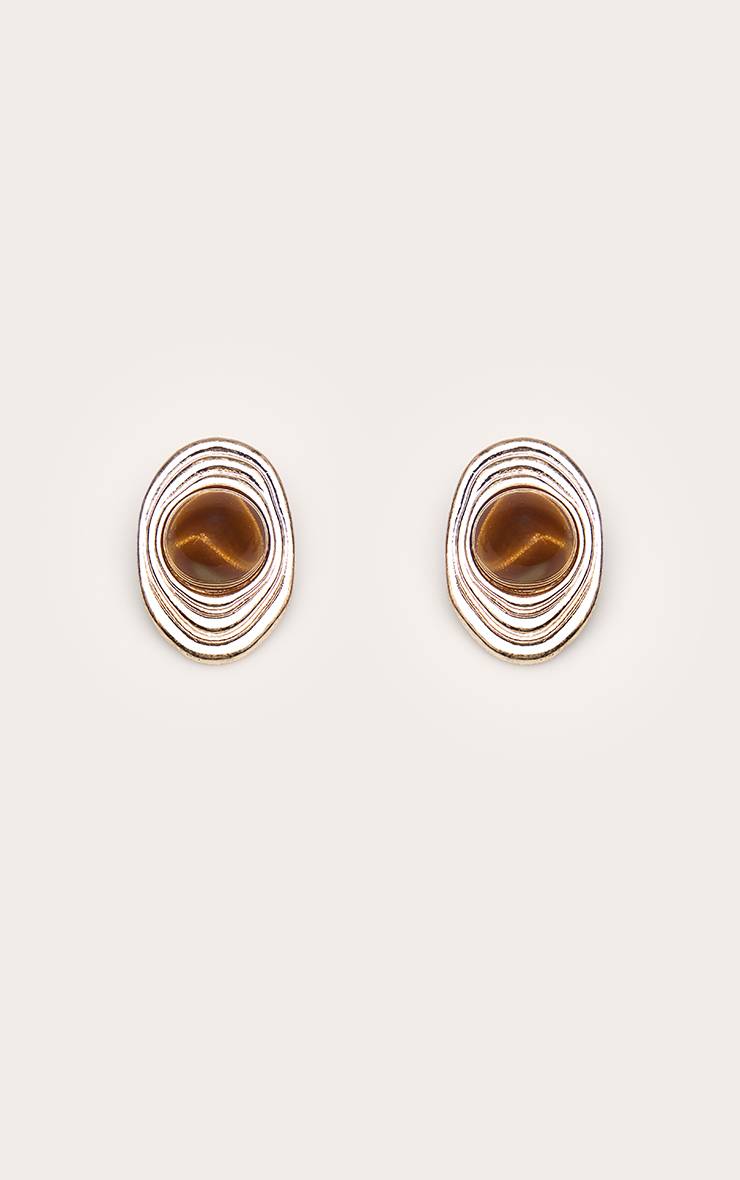 Doré Boucles D'oreilles Clous Ovales En Œil De Tigre Brossé