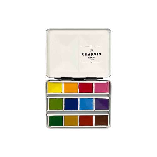 CHARVIN extrafeine Aquarellfarbe, 12 x 1/2 Näpf., Metallkasten