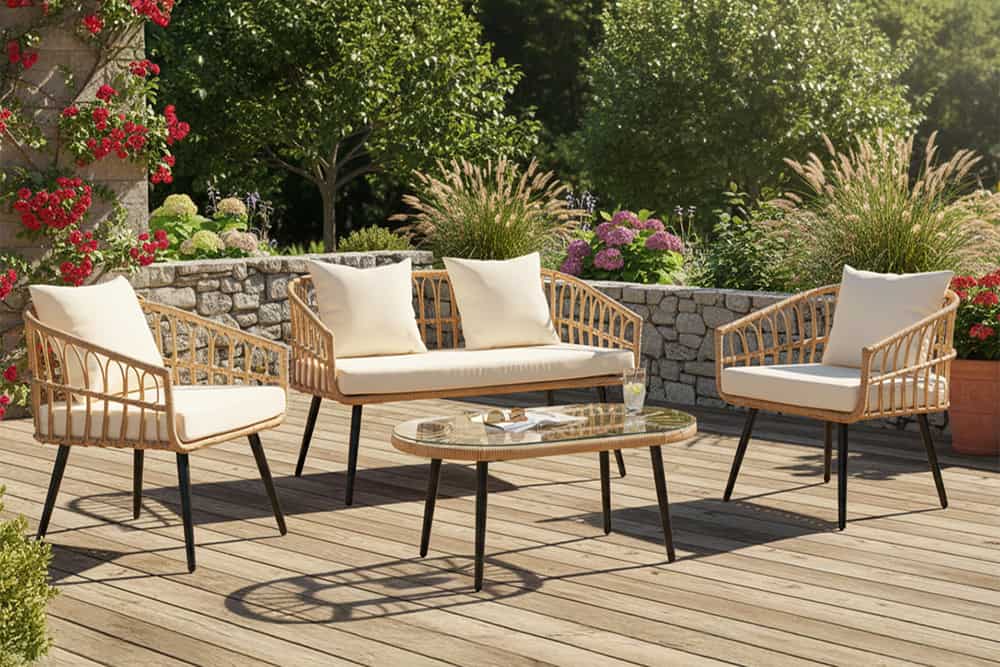 Outdoor Gartenlounge PARIS natur Rattan Gartenmöbel-Set inkl. Wechselbezügen grau creme