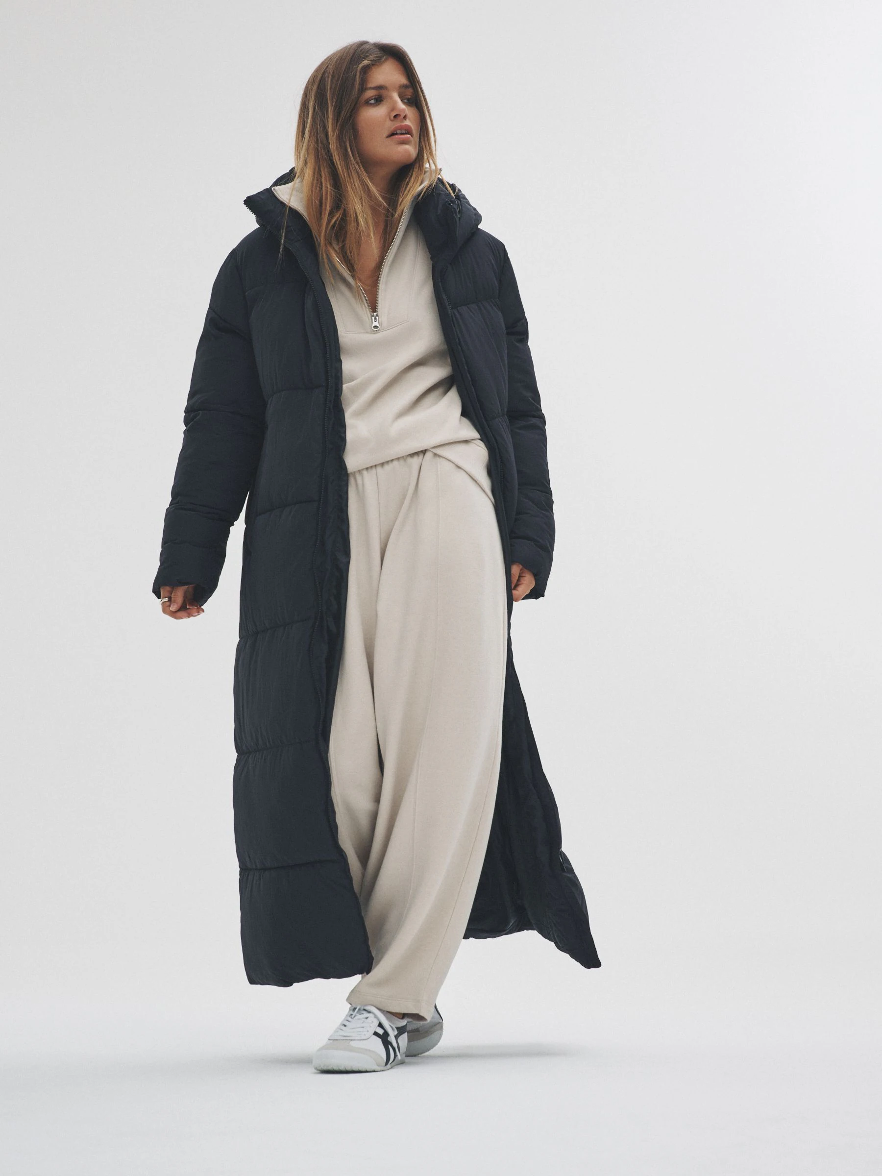 Zwart - The Set lange gewatteerde maxi-jas met capuchon