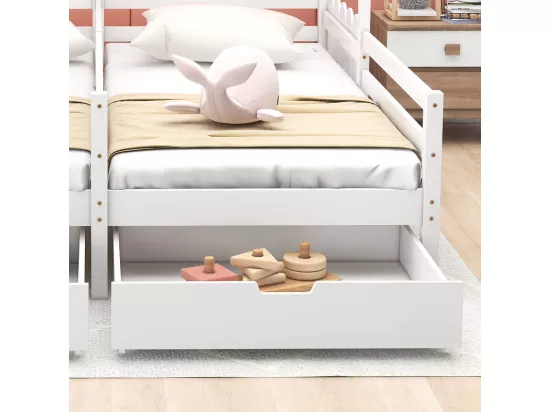 Lit cabane pin massif 2x90x200 cm - avec 2 tiroirs - Blanc