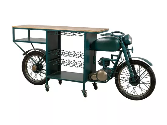Barre porte-bouteilles moto en bois et métal bleu 210x45x100h
