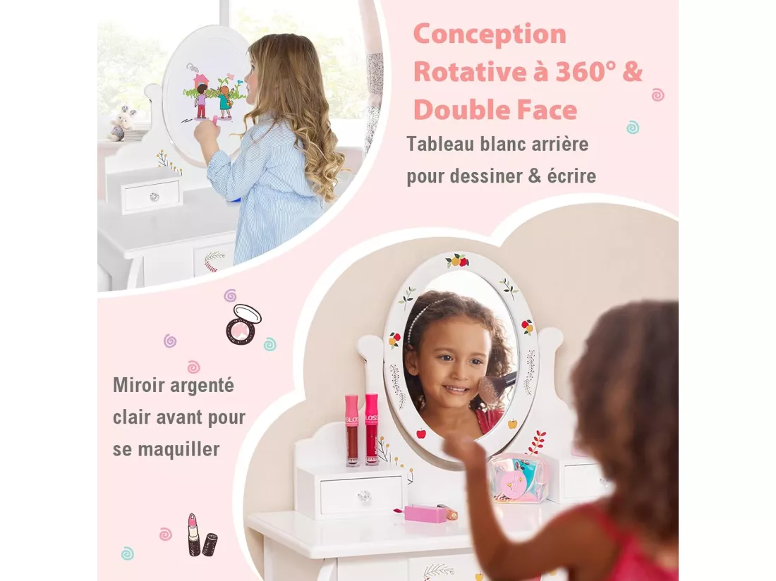 2 en 1 Coiffeuse Enfants avec Miroir Rotatif à 360° et Double Face, Table de Maquillage avec Tabouret & Tiroir, 4 Marqueurs, Dispositif Anti-basculement, Charge 30/50kg pour 3 Ans+