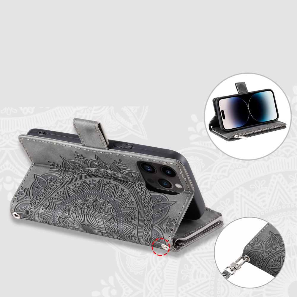 iPhone 16 Pro Max Leder Tasche Flip Cover mit Reissverschluss - Mandala Flowers Imprint - Grau