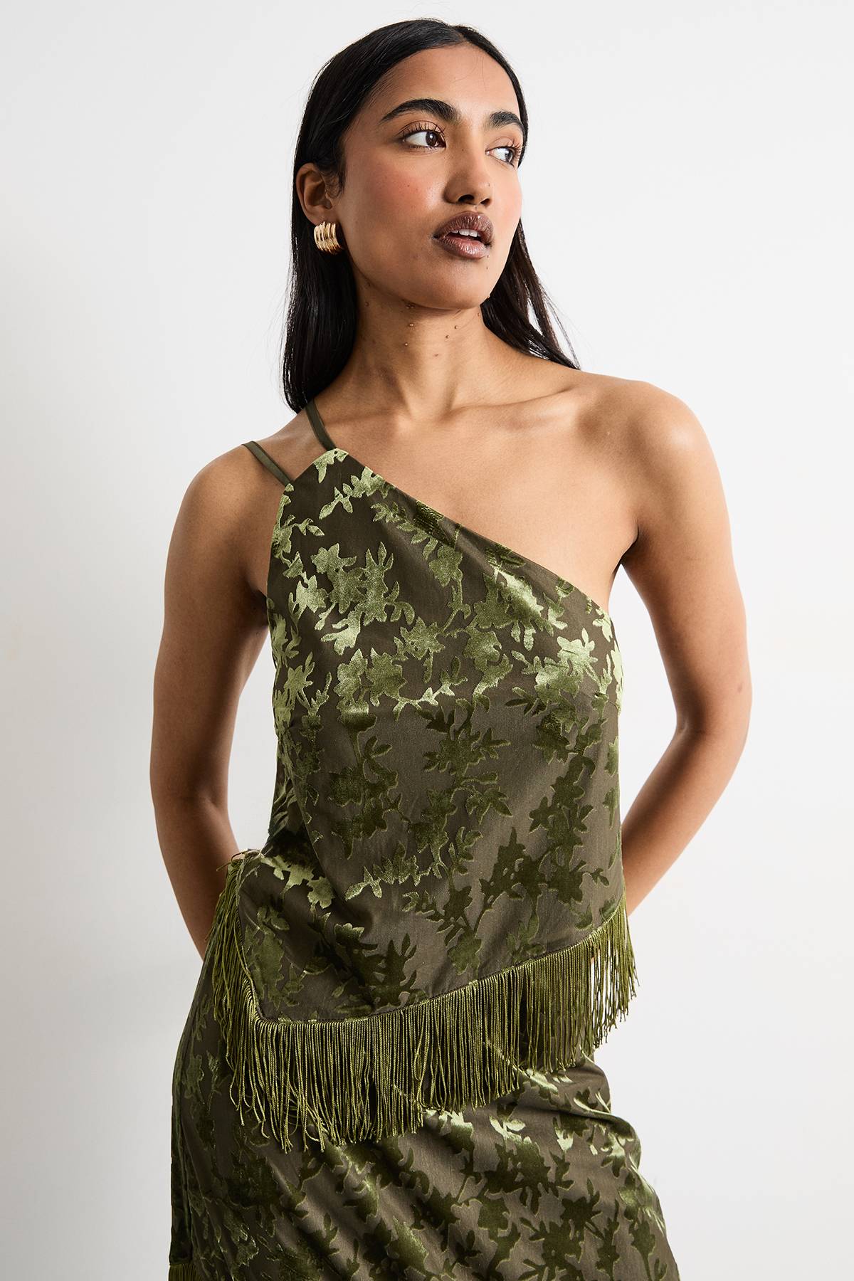 Warehouse Haut Camisole Dévoré à Une Épaule avec Franges