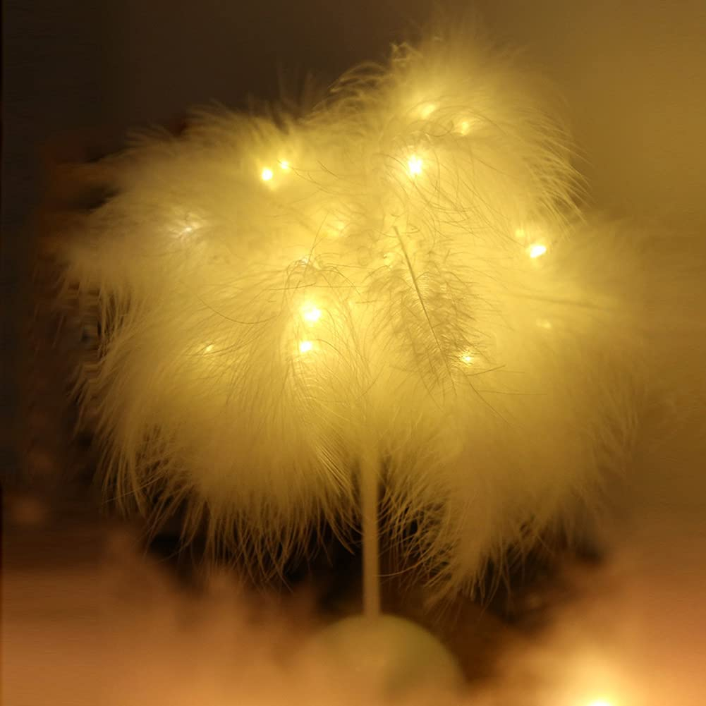 (35cm) LED Nachttisch Lampe Party Deko Beleuchtung im Feder Baum Design (Batteriebetrieben) - Weiss