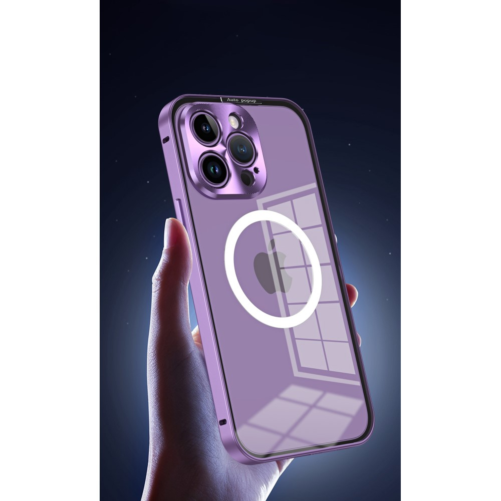iPhone 14 Pro MagSafe Alu Schutzhülle mit Panzer Glas Backcover   Kameraschutz - Dunkellila (Deep Purple)