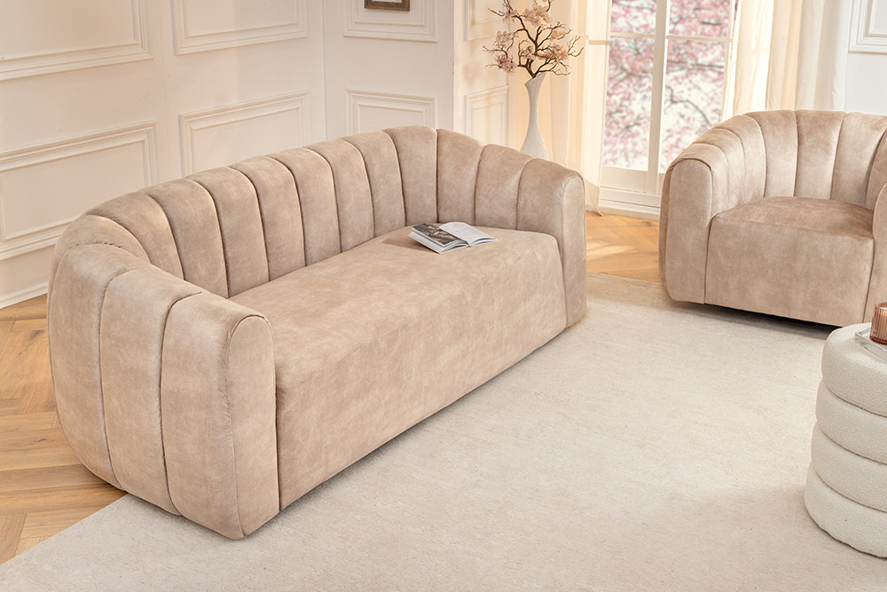 3-Sitzer Sofa BABYLON 200cm champagner beige Samt mit Ziersteppung