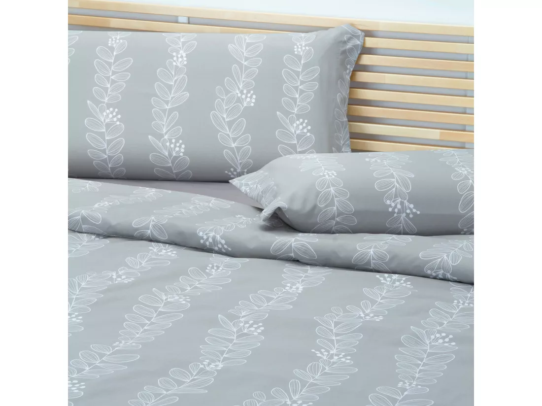 Jeu de housse de couette 50% coton imprimé feuilles Gris