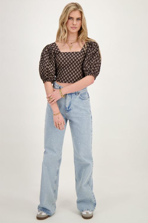 Donkergrijze smock top met ornament print