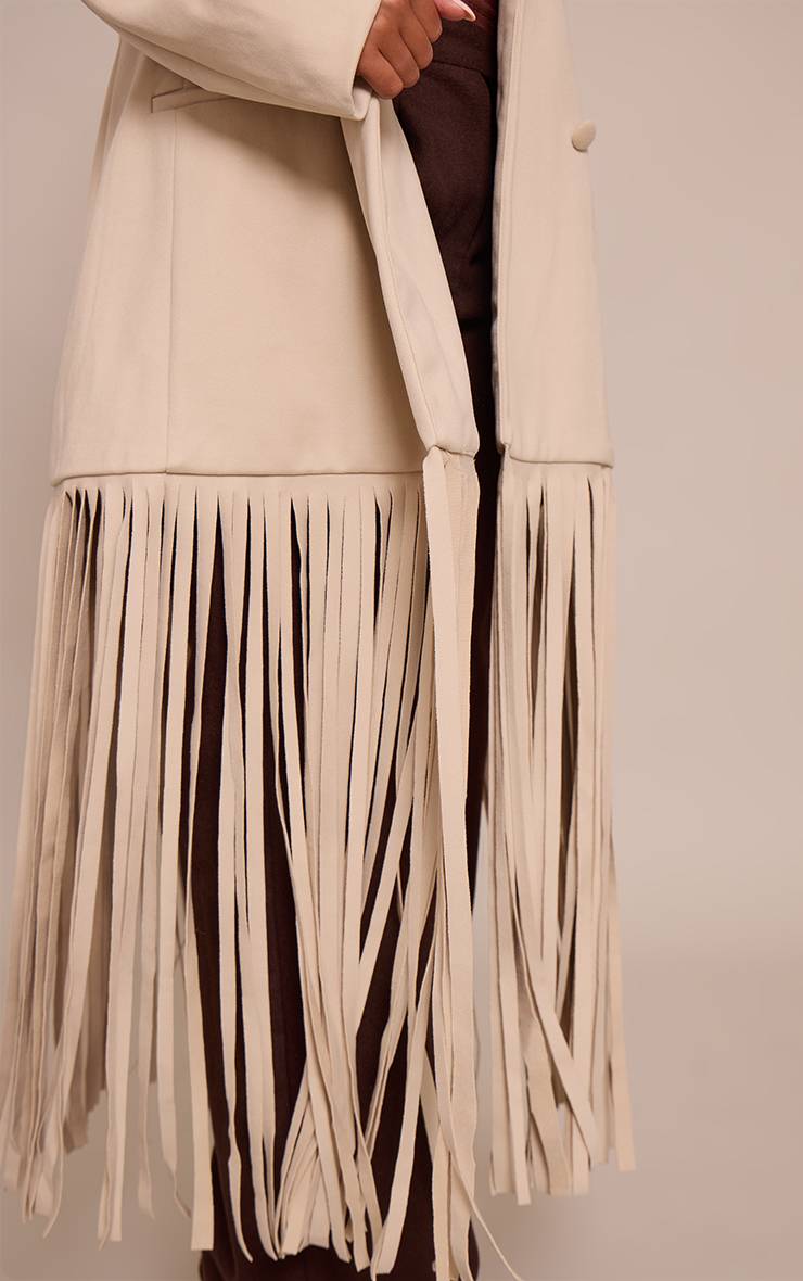 Crème Blazer Shape Aspect Laine Taille Cintrée Ourlet À Franges