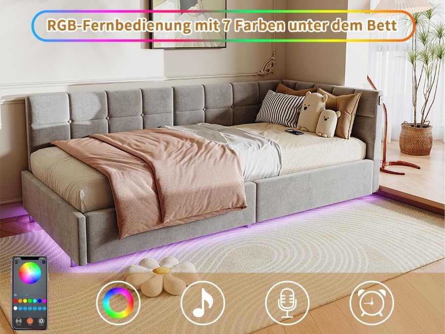 Polsterbett Schlafsofa 90 x 200 cm mit LED und USB, Jugendbett Multifunktionsbett mit Hydraulischer Stauraum und Bettkasten, Schlafsofa Einzelbett Sofa-Bett mit Lattenrost, Daybett Tagesbett (Grau)