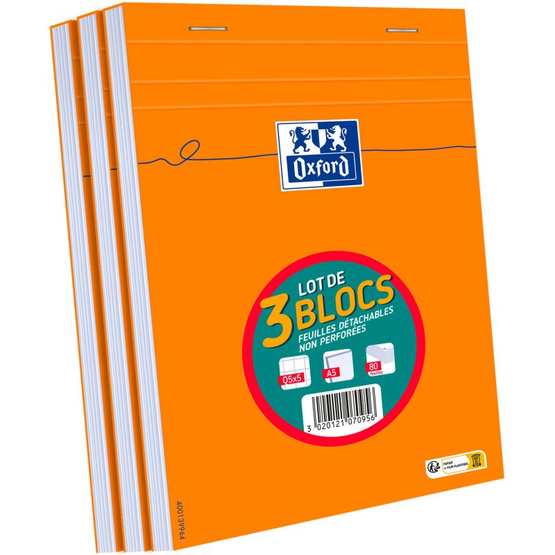 Bloc de bureau Oxford orange A5 petits carreaux 5 mm agrafées - 80 feuilles - Lot de 3